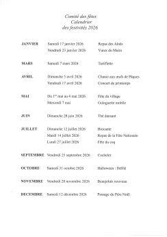 Calendrier des festivités 2026